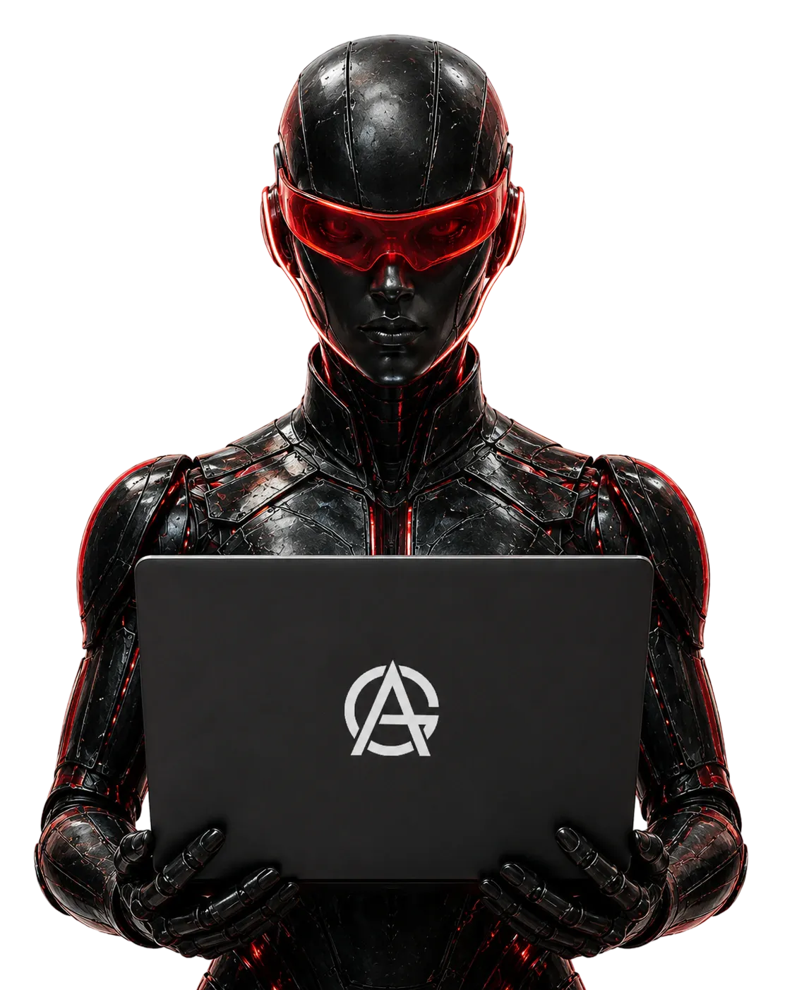 Robot in a red visor holding a laptop with the Avad Gate logo