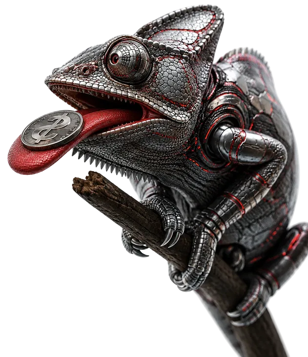 Chrome robotic chameleon holding a dollar coin on its tongue