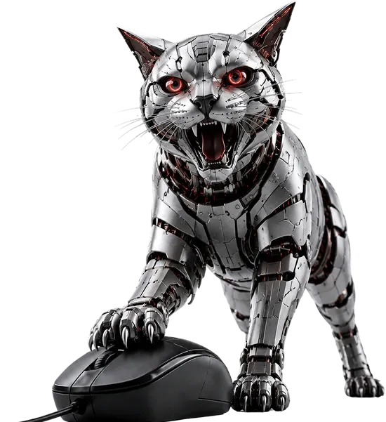 Chrome robotic cat standing over a computer mouse