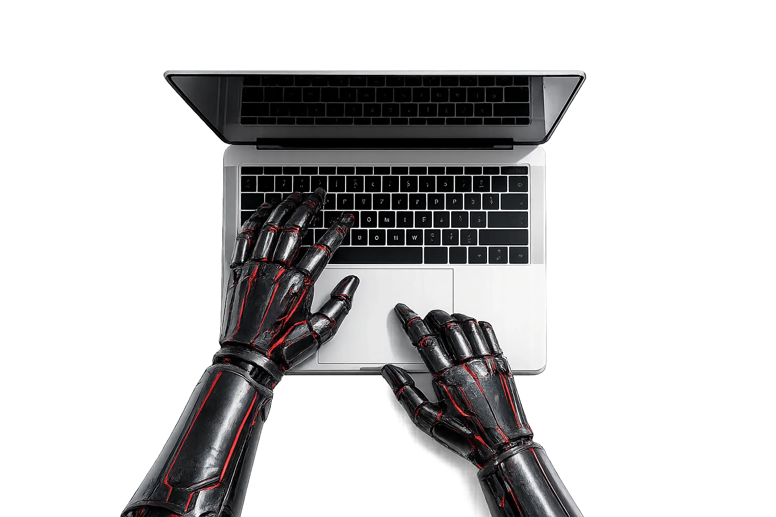 Robotic hands typing on a laptop keyboard