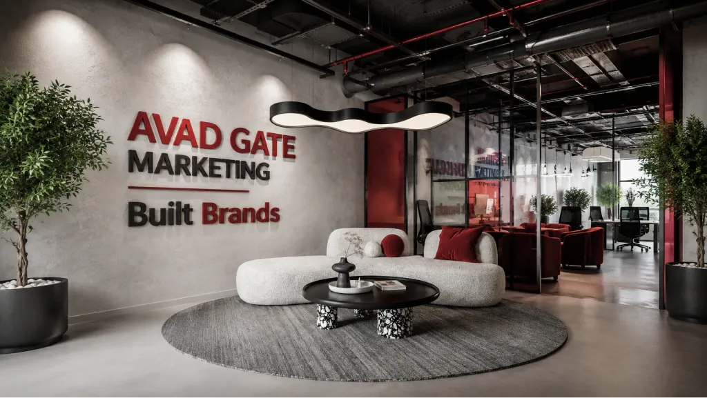 Avad Gate Marketing office lounge with the Built Brands wall sign